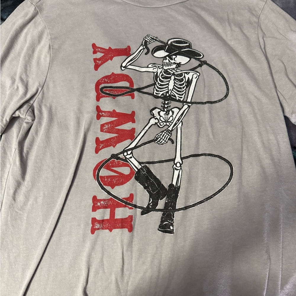 Gray Long Sleeve Shirt with Skeleton Cowboy Design